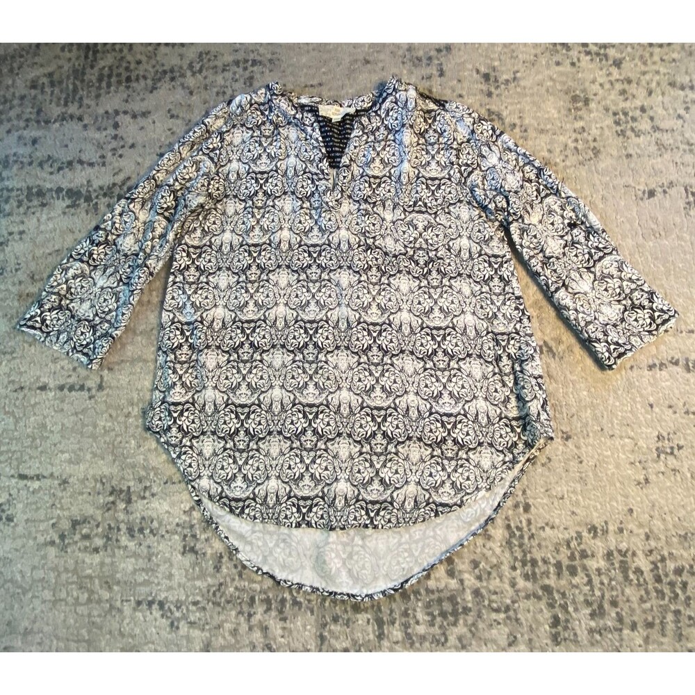 Pink Republic Womens M Blue White Printed Long Sleeve High Low Tunic Blouse